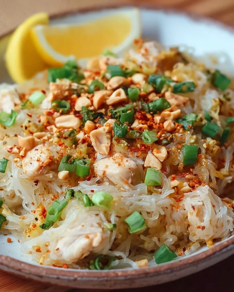 Delicious Low Carb Pad Thai dish garnished with fresh herbs and peanuts