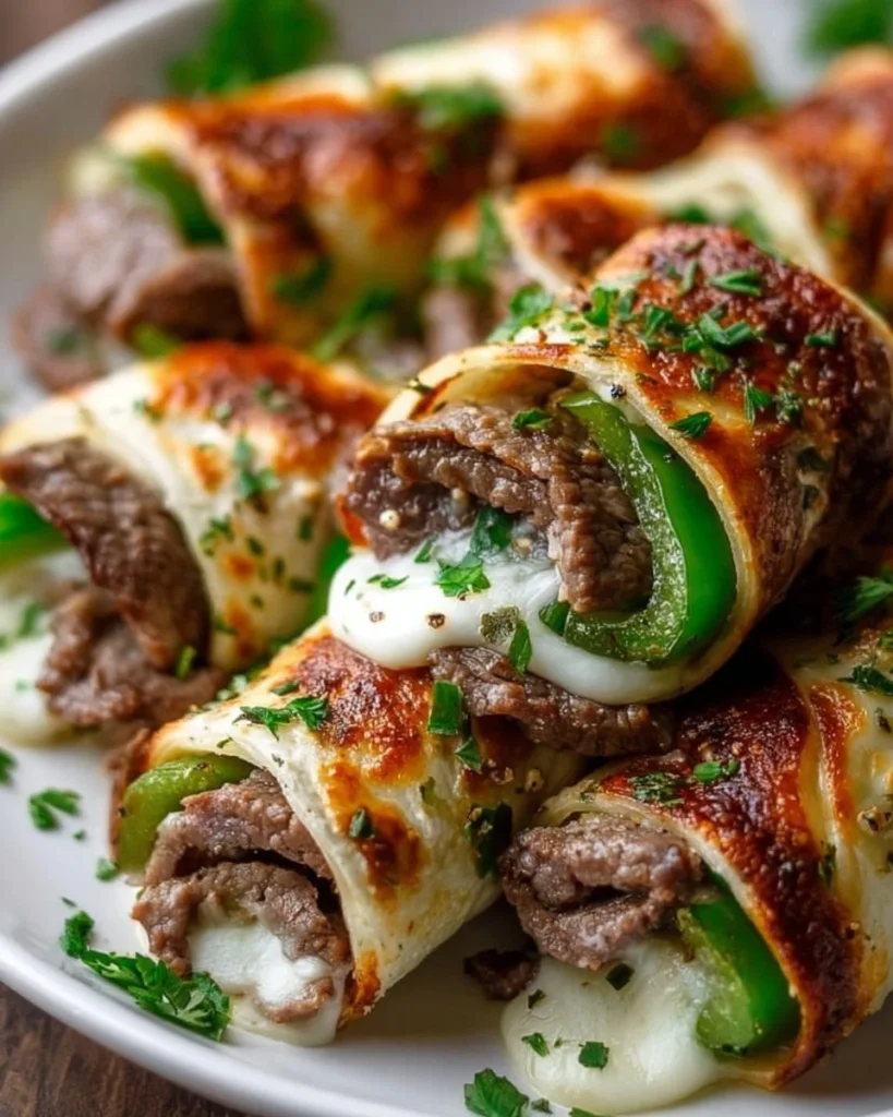 Low-Carb Philly Cheesesteak Beef Roll Ups with Peppers and Cheese on a plate