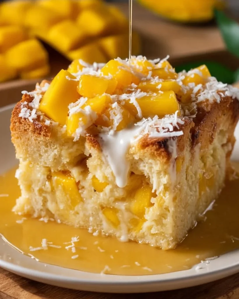 Slice of Mango Coconut Bread Pudding topped with fresh mango slices and coconut flakes.