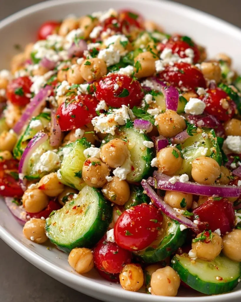 Colorful Mediterranean Chickpea Salad with fresh veggies and dressing