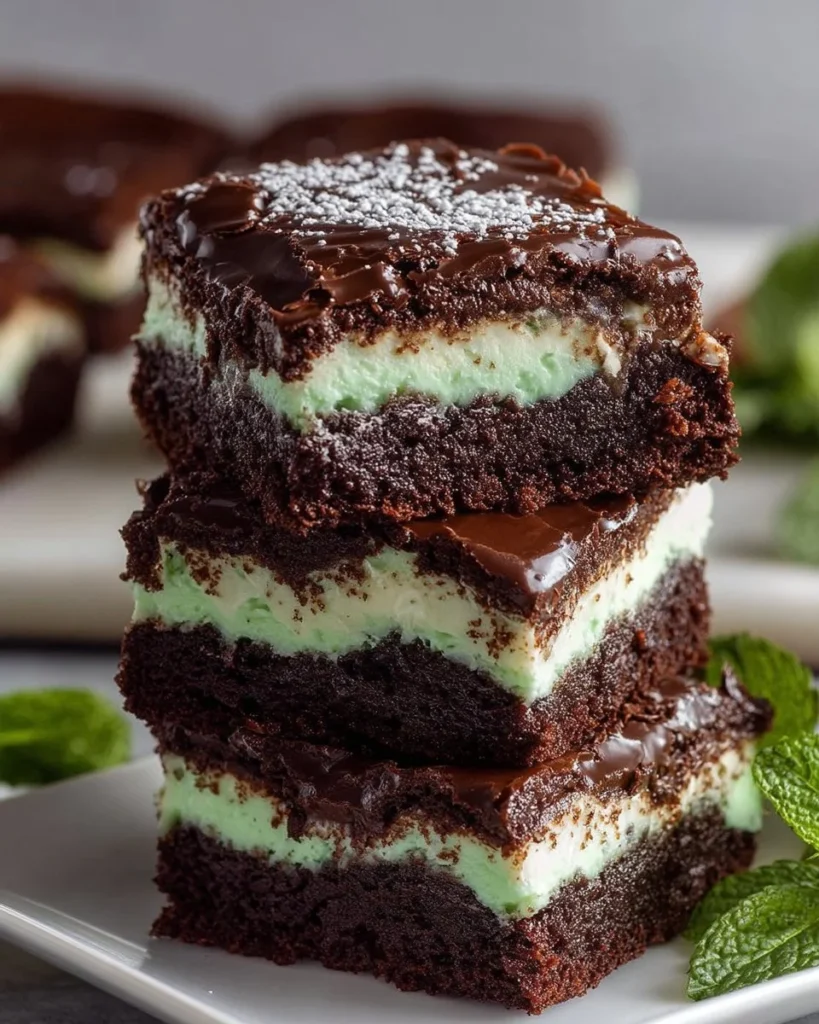 Freshly baked mint brownies on a plate, topped with mint leaves