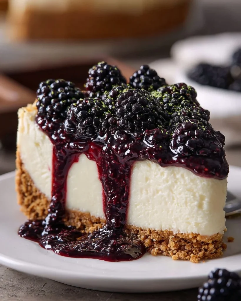 Delicious no-bake blackberry cheesecake topped with fresh blackberries and mint.
