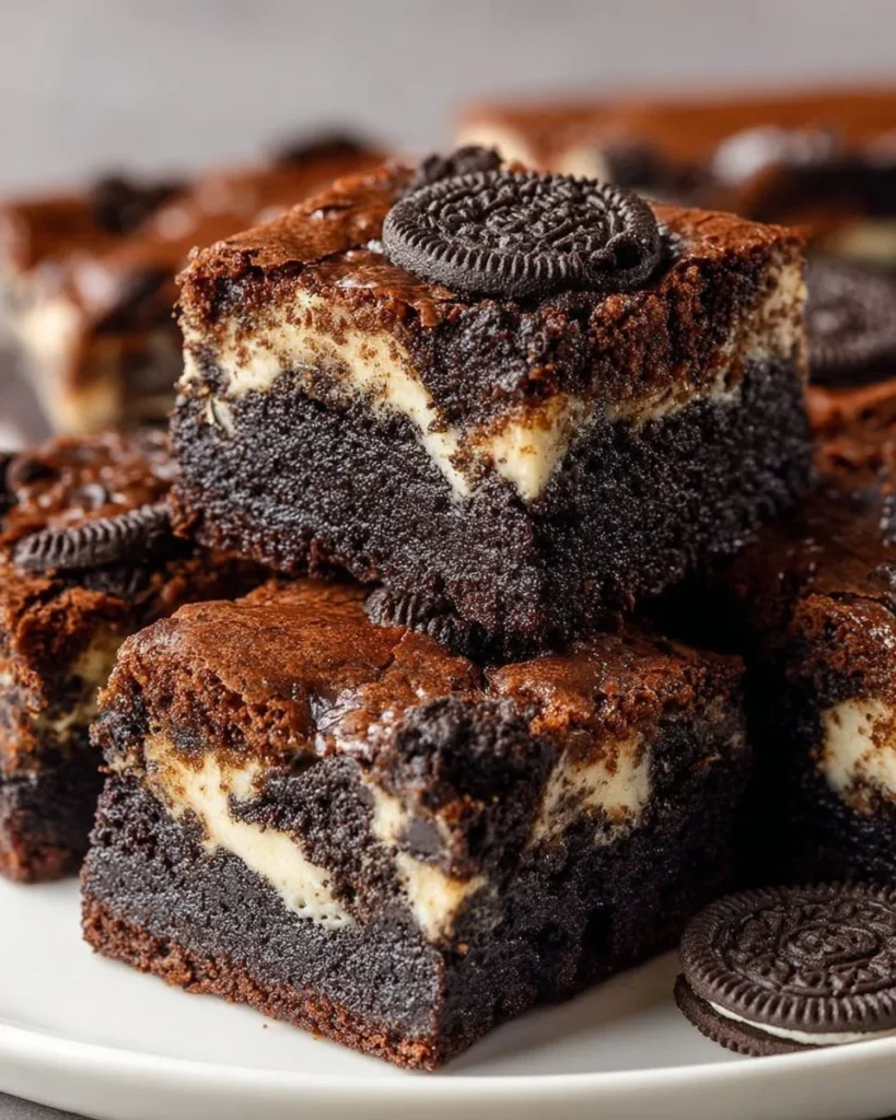 Oreo Brookies Bars stacked with gooey layers of chocolate and Oreo cookies.