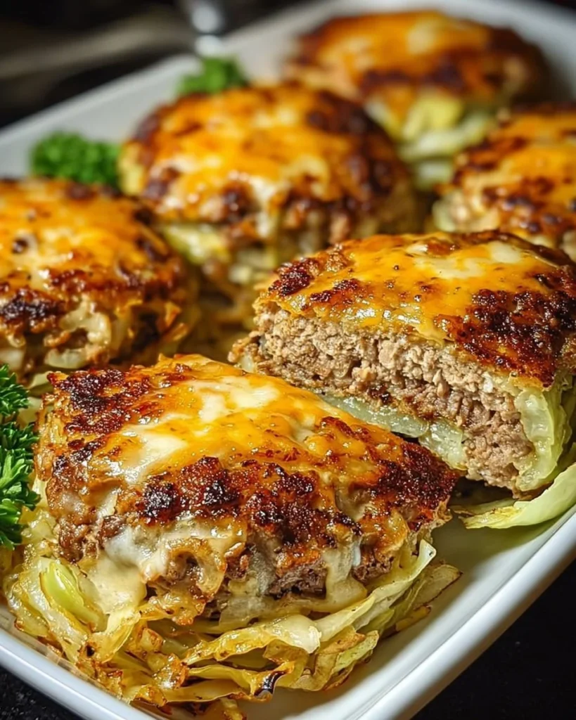 Oven-baked cabbage burgers on a plate with fresh toppings and herbs