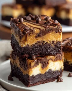 Peanut Butter Cheesecake Brownie Bars topped with chocolate drizzle