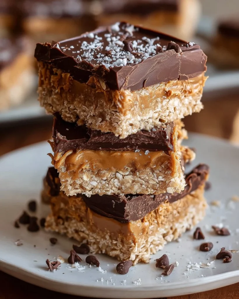 Homemade Peanut Butter Sandwich Bars stacked on a plate.