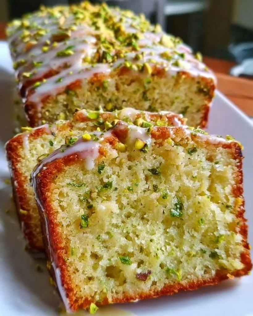 Delicious Pistachio Lemon Breakfast Bread topped with lemon glaze.