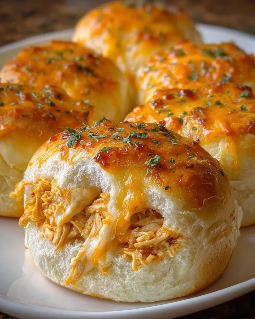 Delicious quick cheesy chicken buns topped with melted cheese.