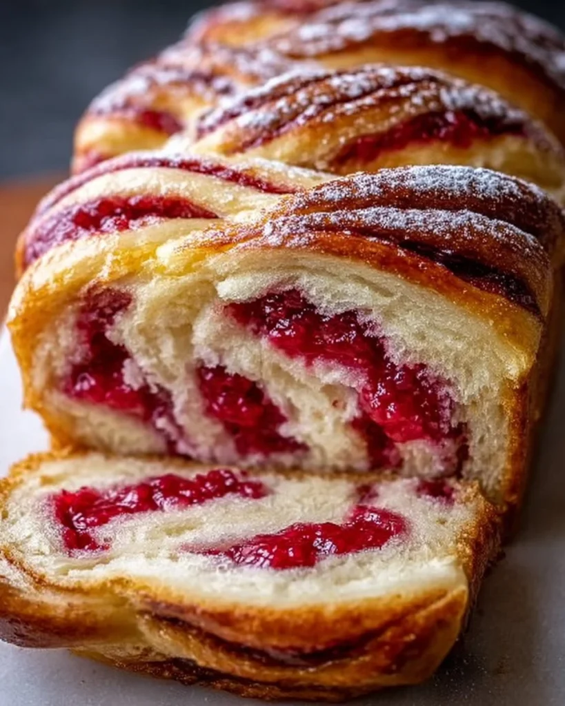 Raspberry Swirl Brioche Loaf freshly baked with swirls of raspberry filling.