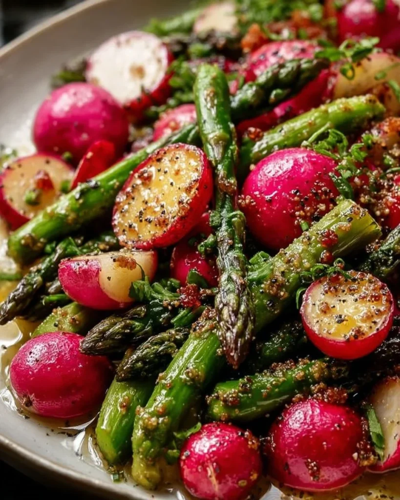 Roasted asparagus and radishes with mustard vinaigrette in a serving bowl