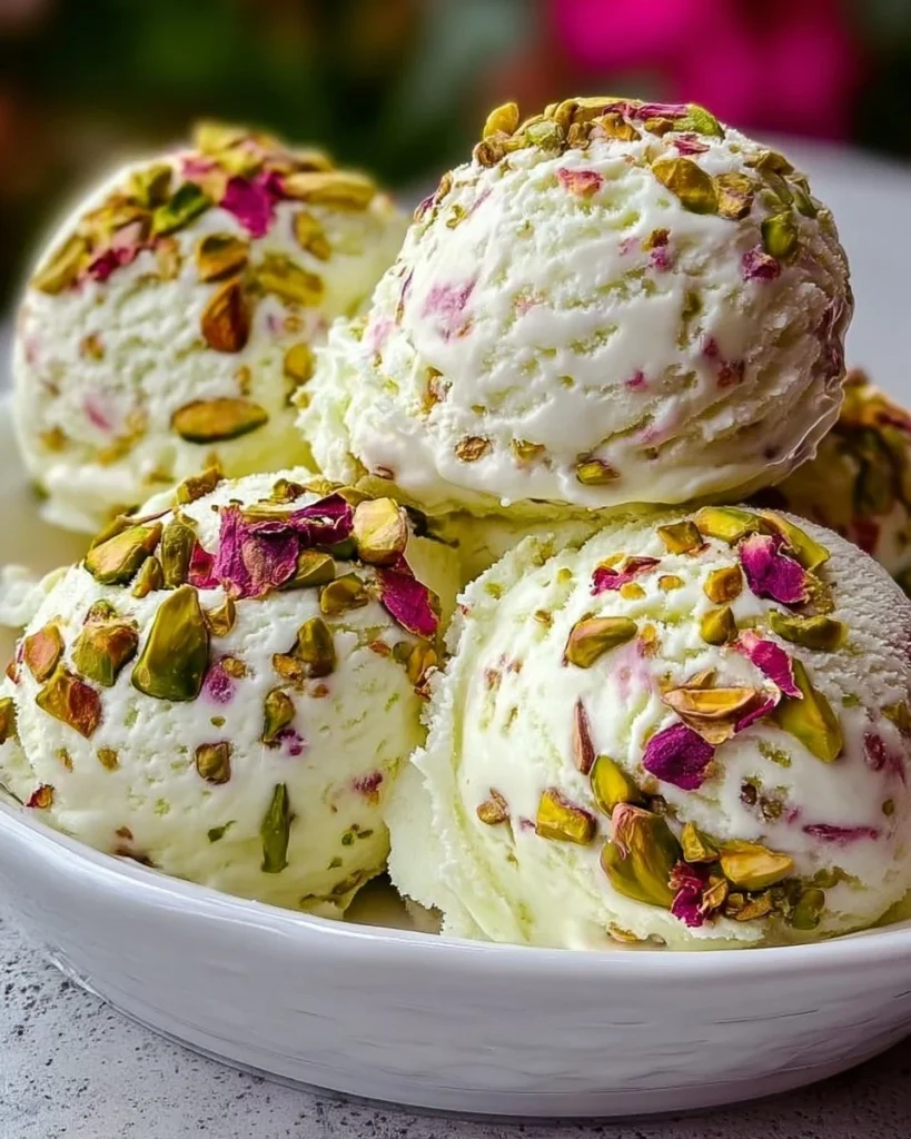 Rose Pistachio Cheesecake Ice Cream in a bowl