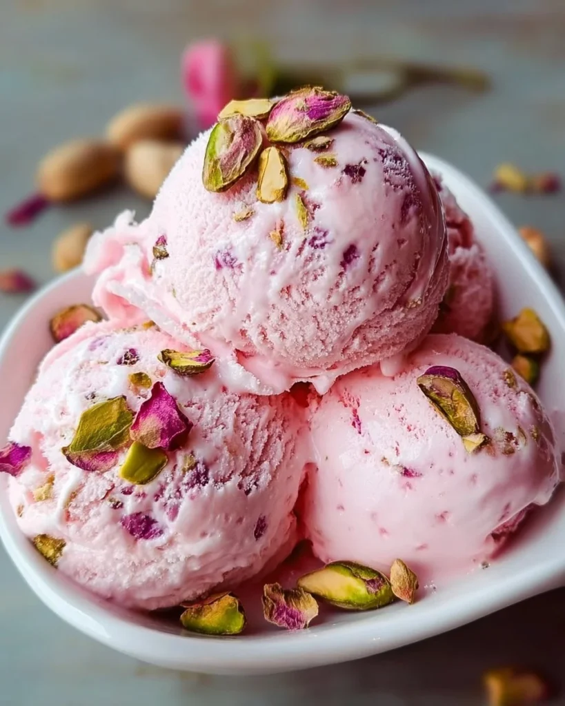 Creamy Rose Pistachio Ice Cream topped with pistachio nuts