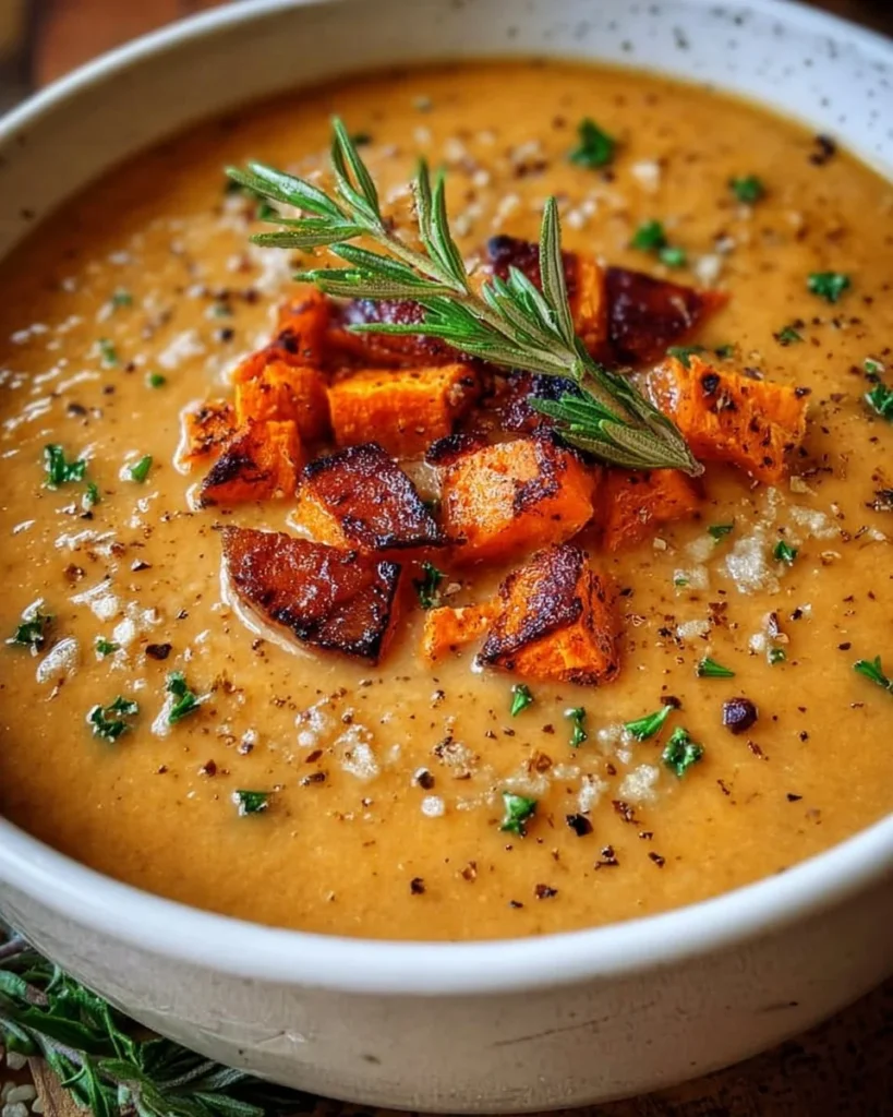 Bowl of savory Italian Sweet Potato Soup with herbs and spices