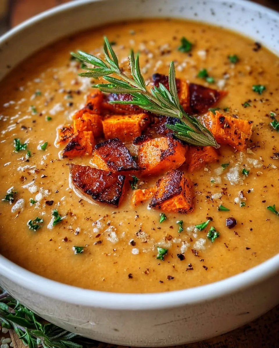 Bowl of savory Italian Sweet Potato Soup with herbs and spices