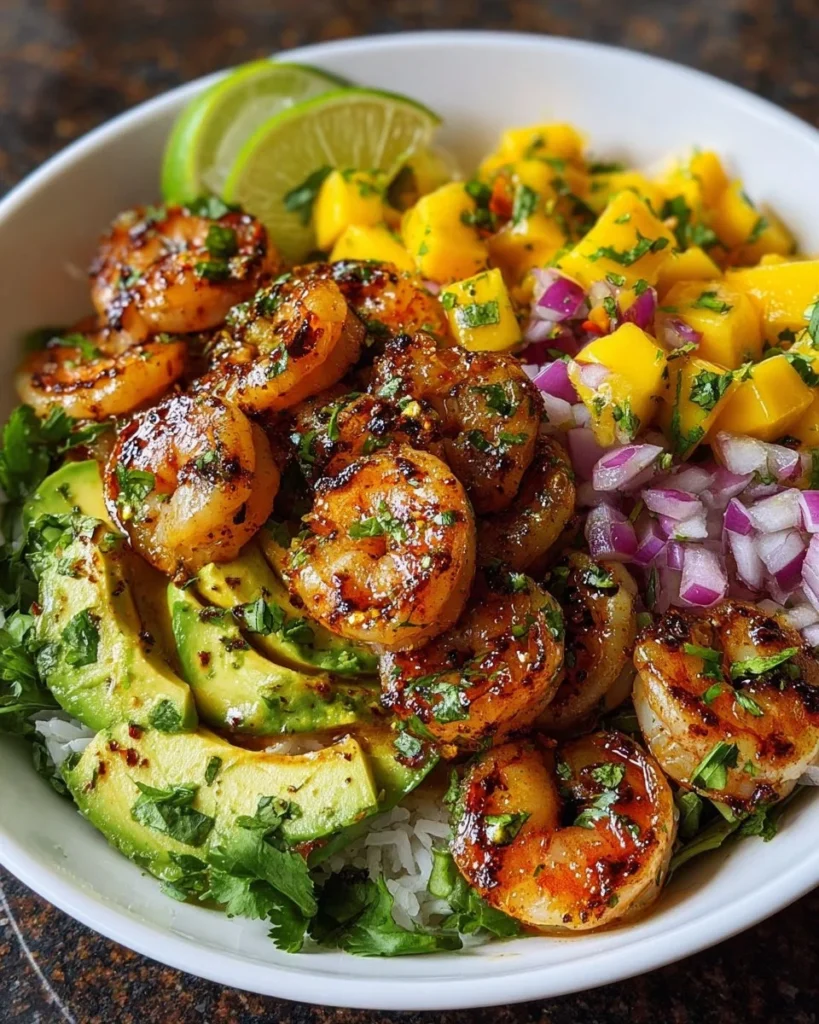 Shrimp avocado bowls with mango salsa and lime-chili sauce served in a bowl.