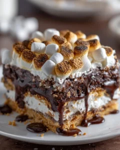 Delicious S'mores Lasagna featuring layers of chocolate, marshmallow, and graham crackers