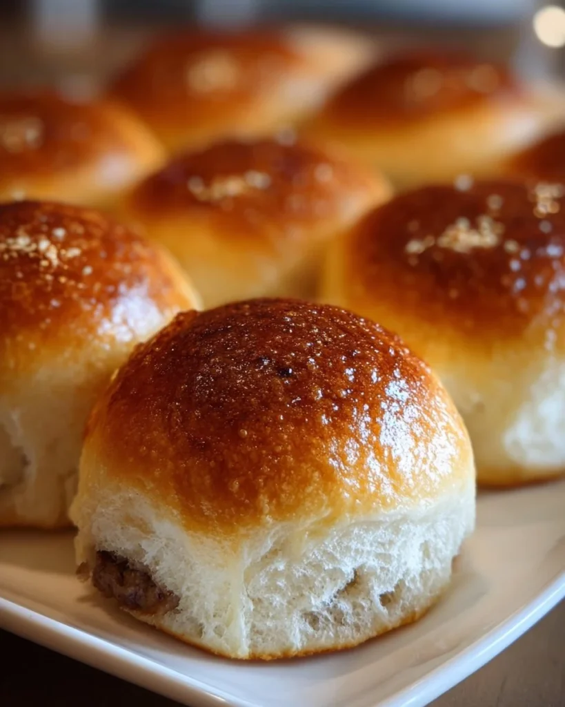Freshly baked sourdough discard hamburger buns on a wooden table