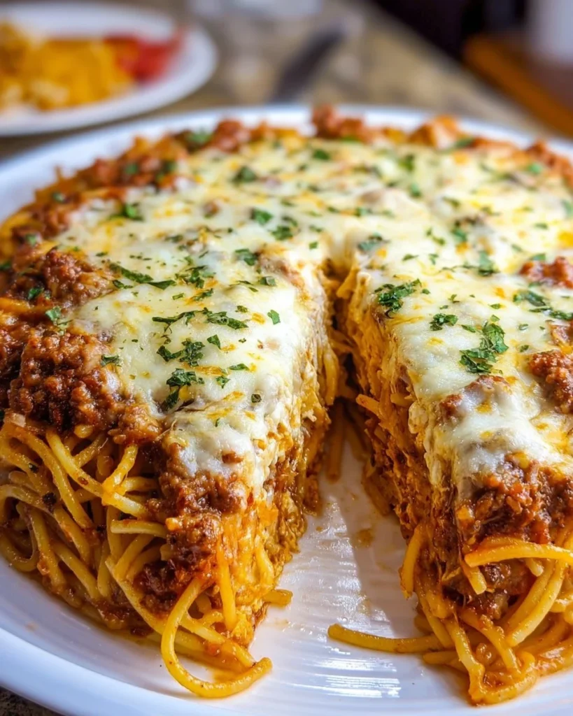 A slice of baked Spaghetti Pie topped with cheese and herbs
