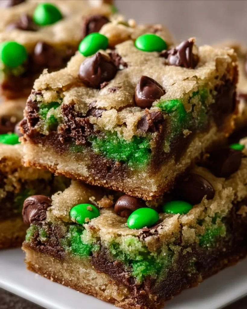 St. Patrick's Day Chocolate Chip Cookie Bars ready for serving.