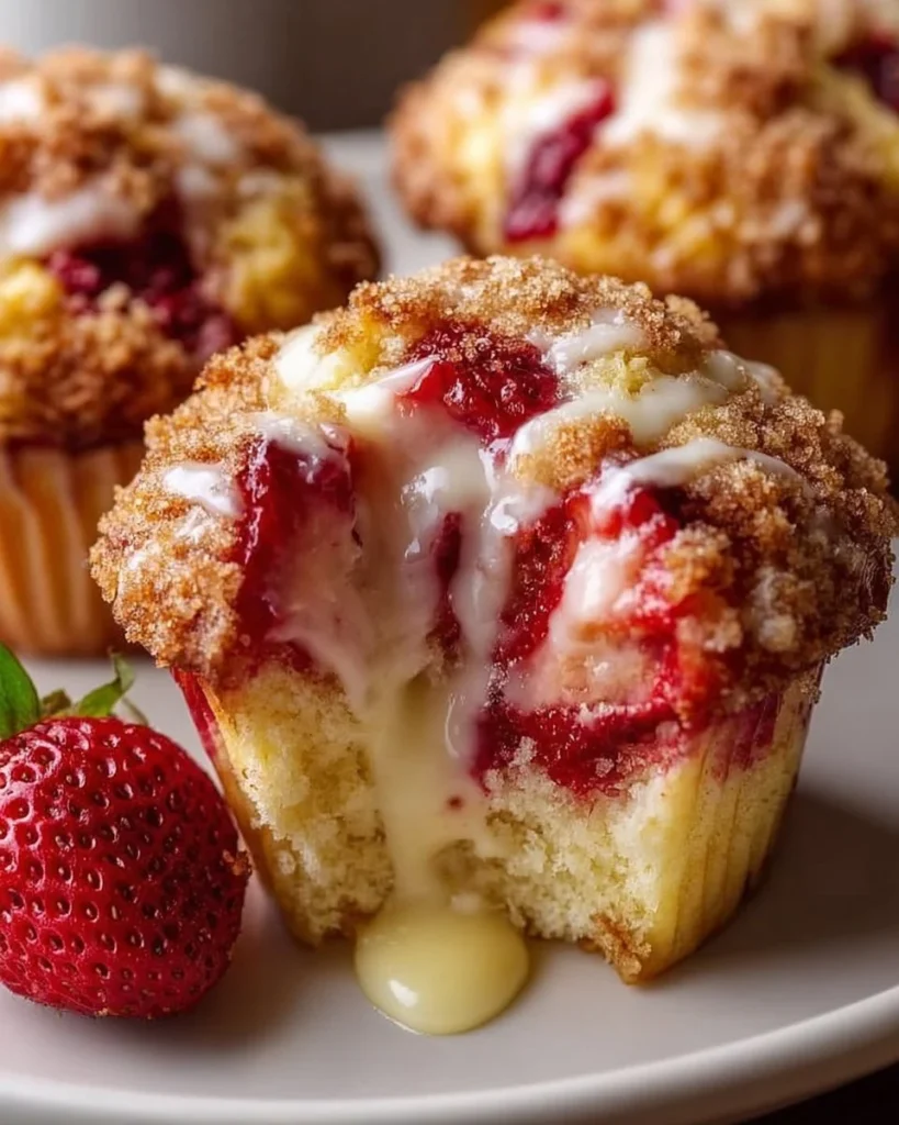 Freshly baked strawberry cream cheese muffins on a cooling rack.