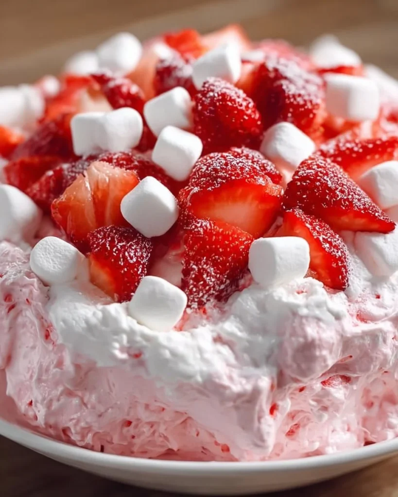 Delicious Strawberry Fluff Salad topped with fresh strawberries and whipped cream
