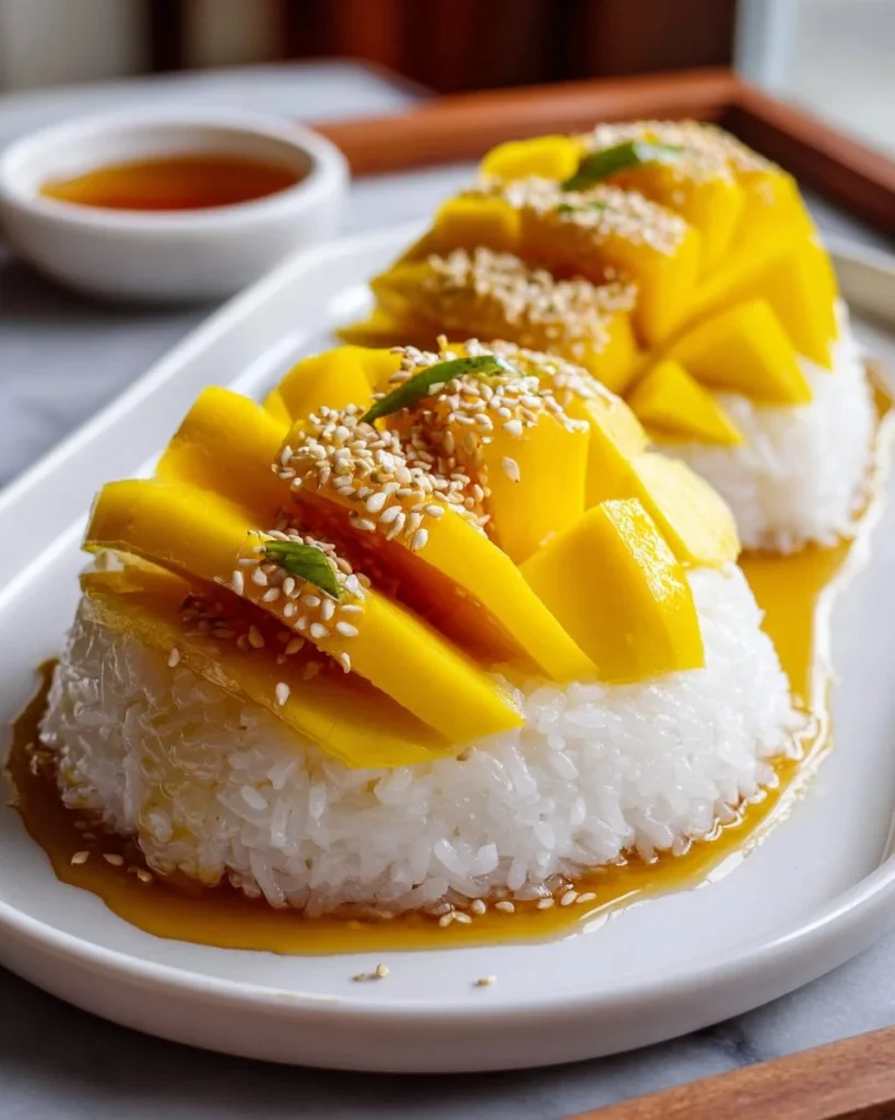 Plate of sweet mango sticky rice topped with fresh mango slices and coconut milk