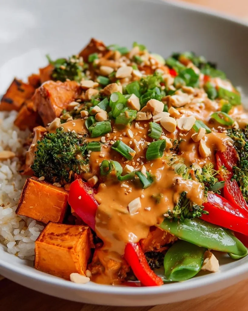 Colorful Thai Peanut Sweet Potato Bowl with fresh vegetables and sauce