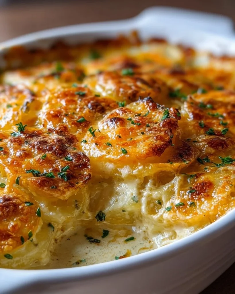 Delicious three cheese scalloped potatoes baked to perfection