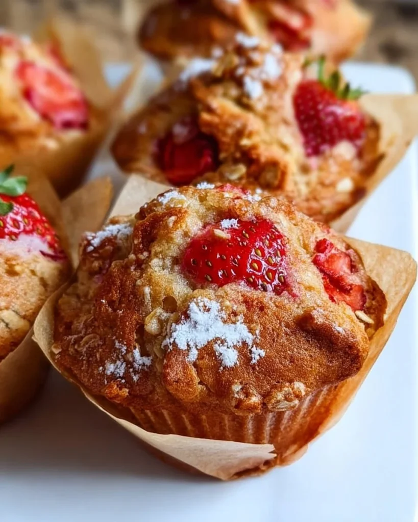 Vegan breakfast strawberry muffins fresh out of the oven