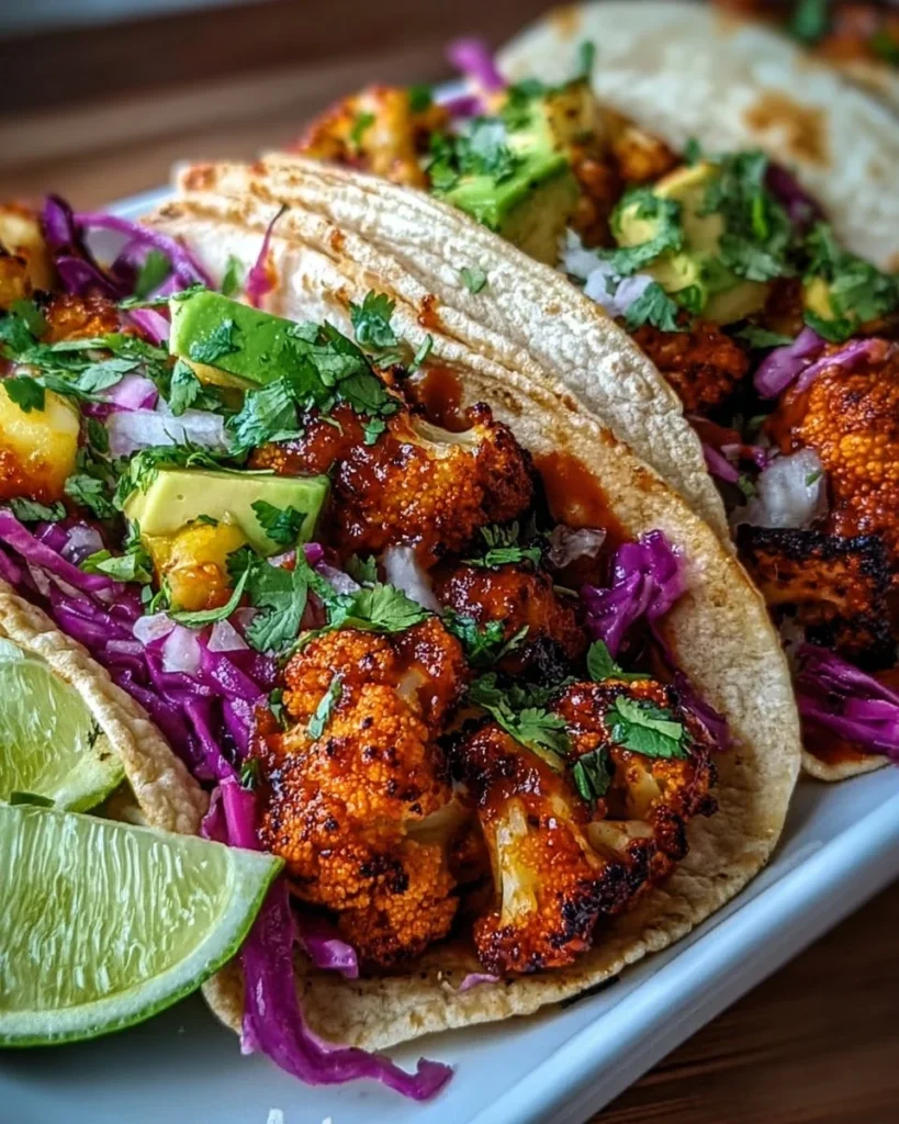 Vegan smoky BBQ cauliflower tacos topped with fresh ingredients and herbs
