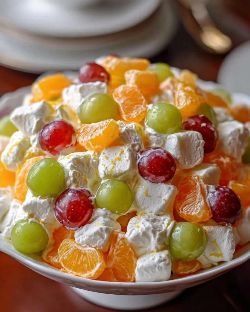 A colorful bowl of Ambrosia Salad with fruits and marshmallows.