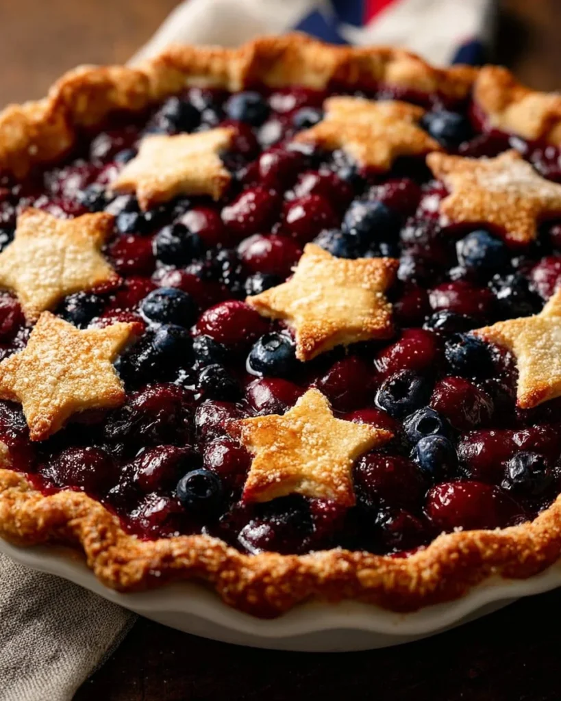 Freshly baked blueberry cherry pie with a golden crust