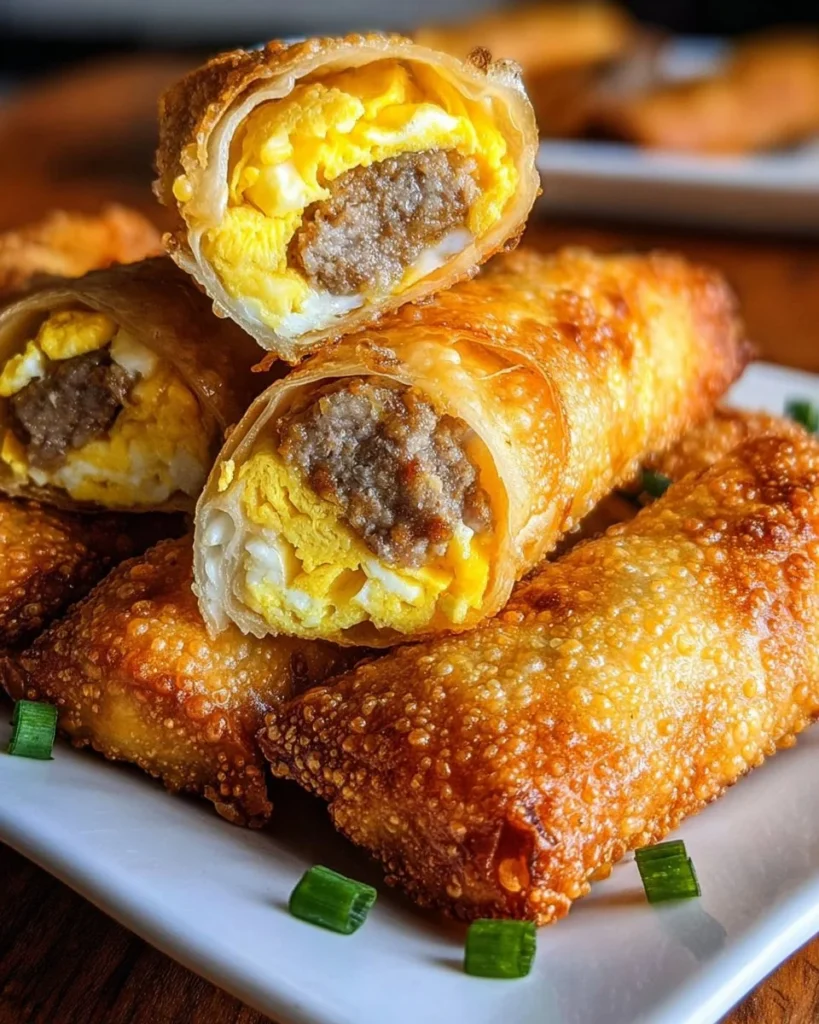 Delicious breakfast egg rolls filled with eggs and vegetables.
