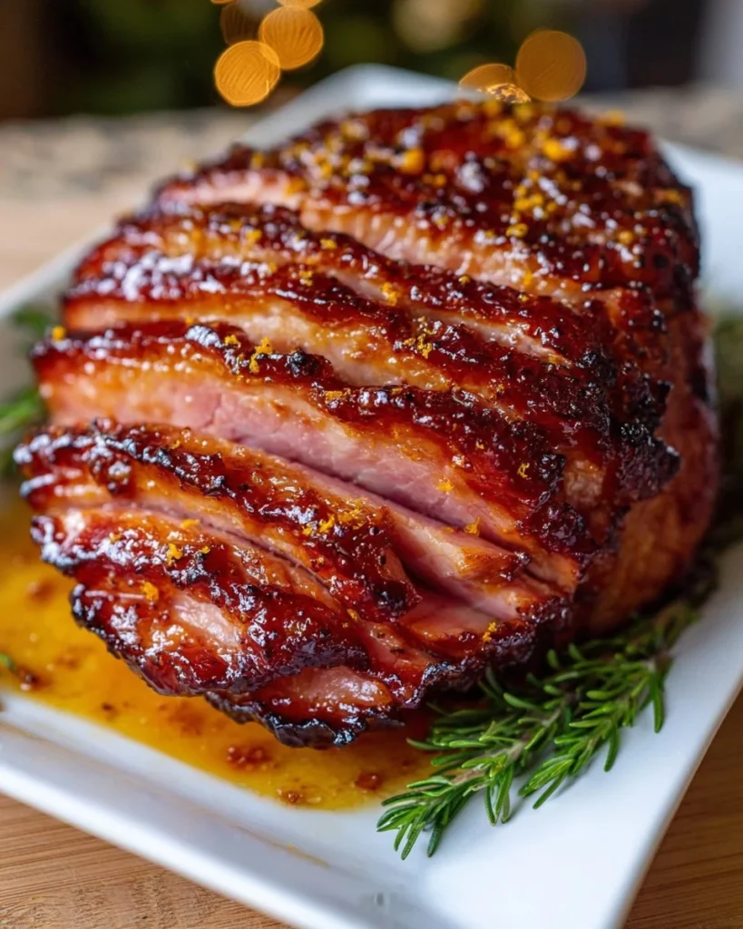 Brown sugar glazed ham with honey orange glaze served on a festive table