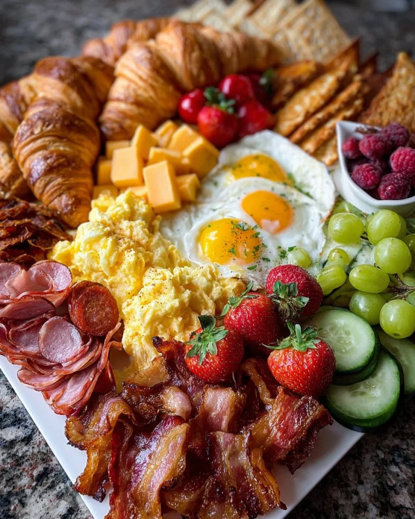 A beautifully arranged brunch platter featuring fruits, pastries, and cheeses.