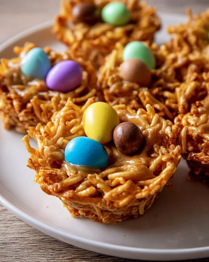 Butterscotch and peanut butter bird nest cookies with chocolate eggs