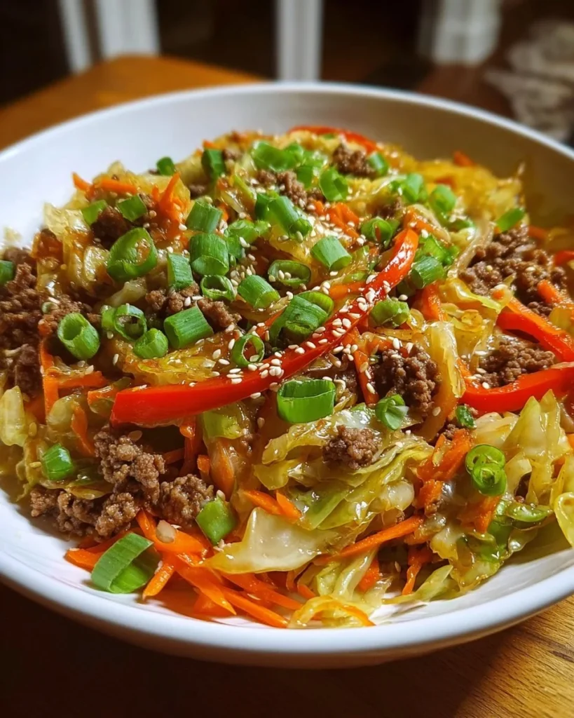Colorful cabbage stir fry with vegetables in a pan