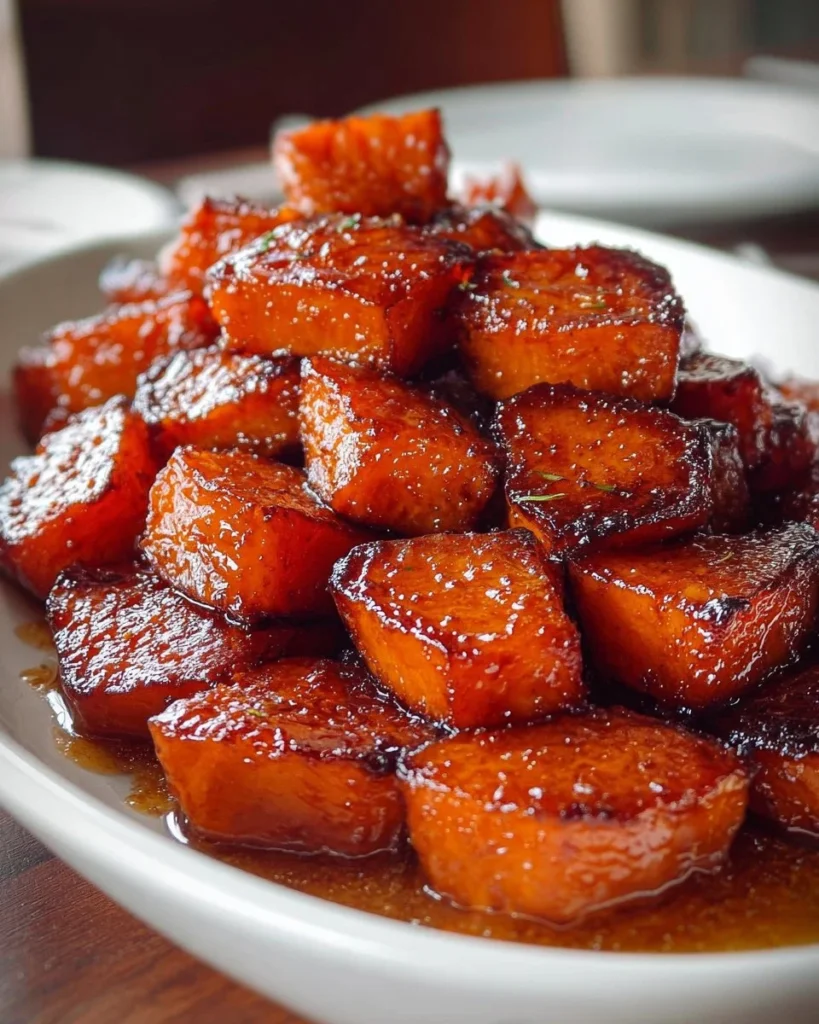 Delicious candied yams served in a bowl with a golden glaze