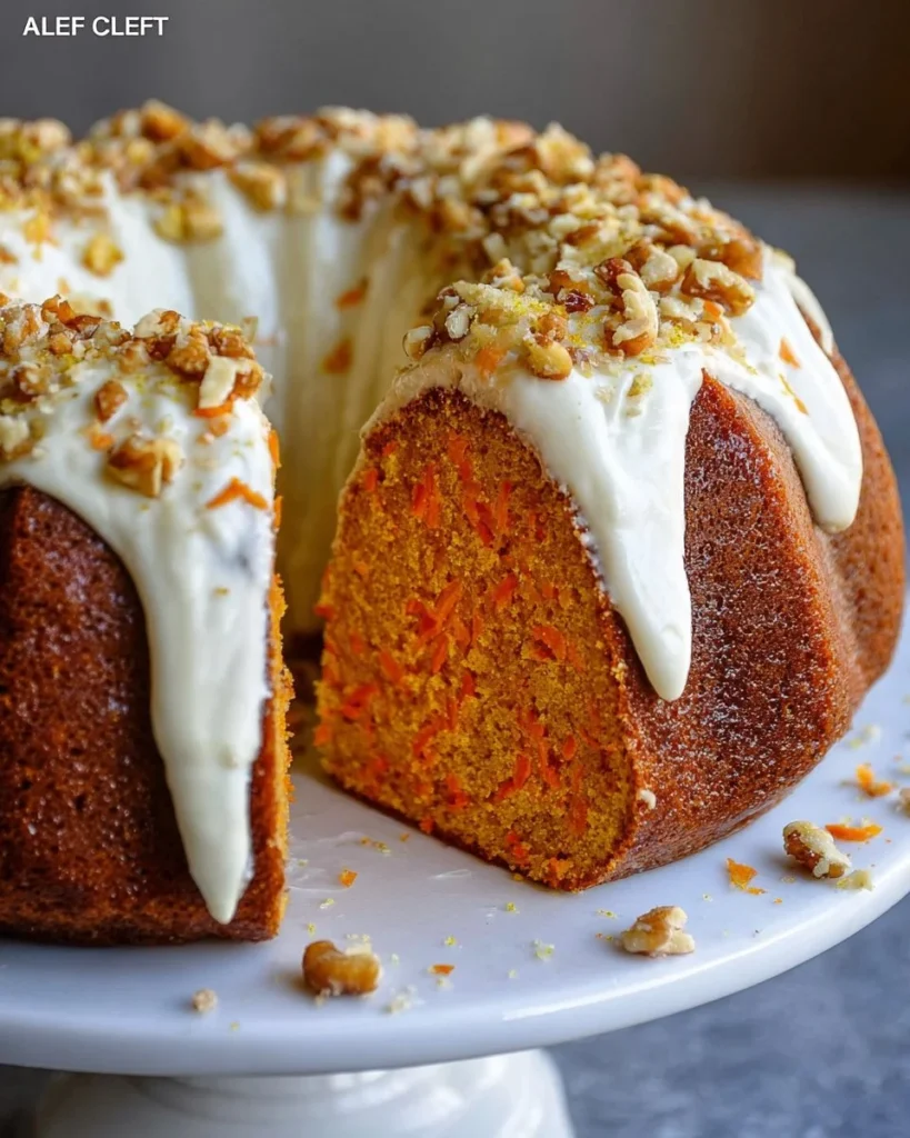 Delicious Carrot Bundt Cake with Cream Cheese Filling on a rustic table