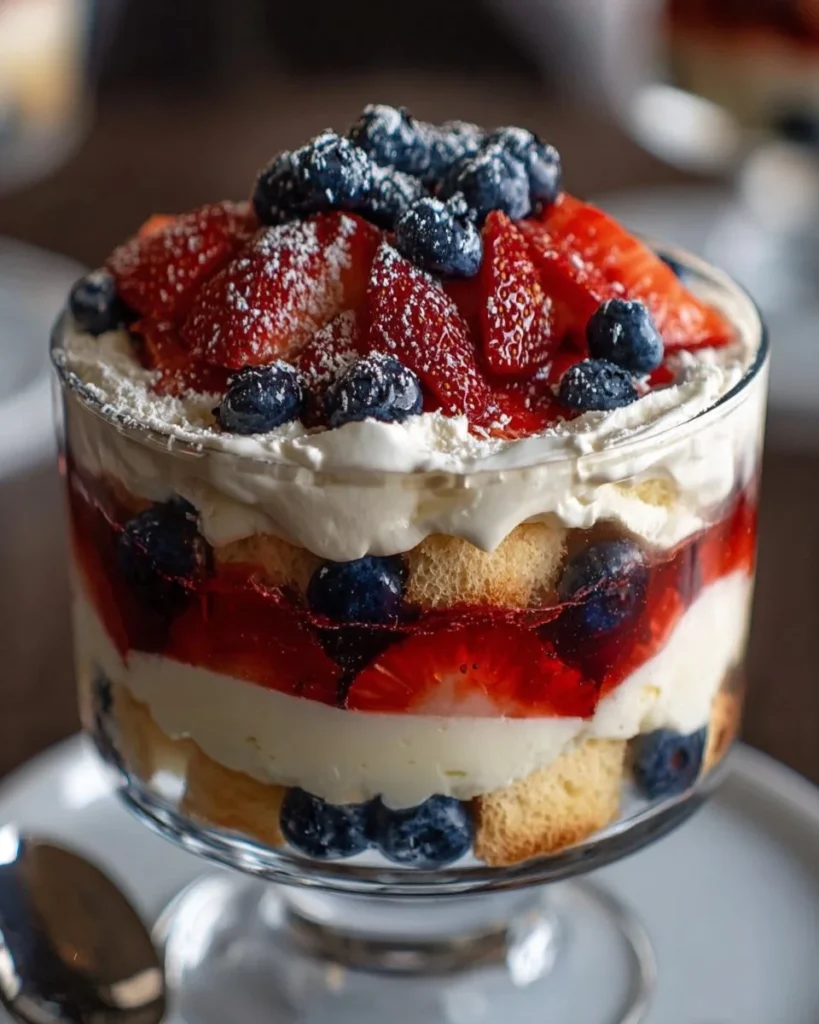 Red, white, and blue cheesecake trifle layered in a glass dessert dish