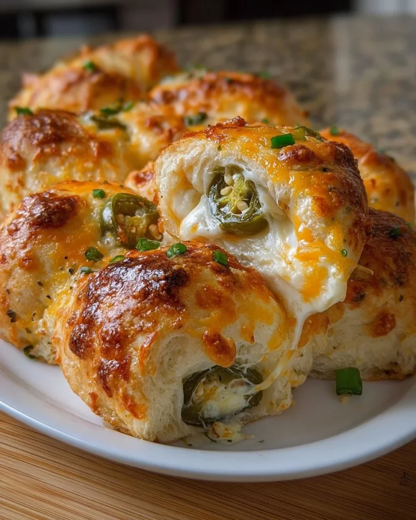 Cheesy jalapeño rolls served on a platter, garnished with herbs.