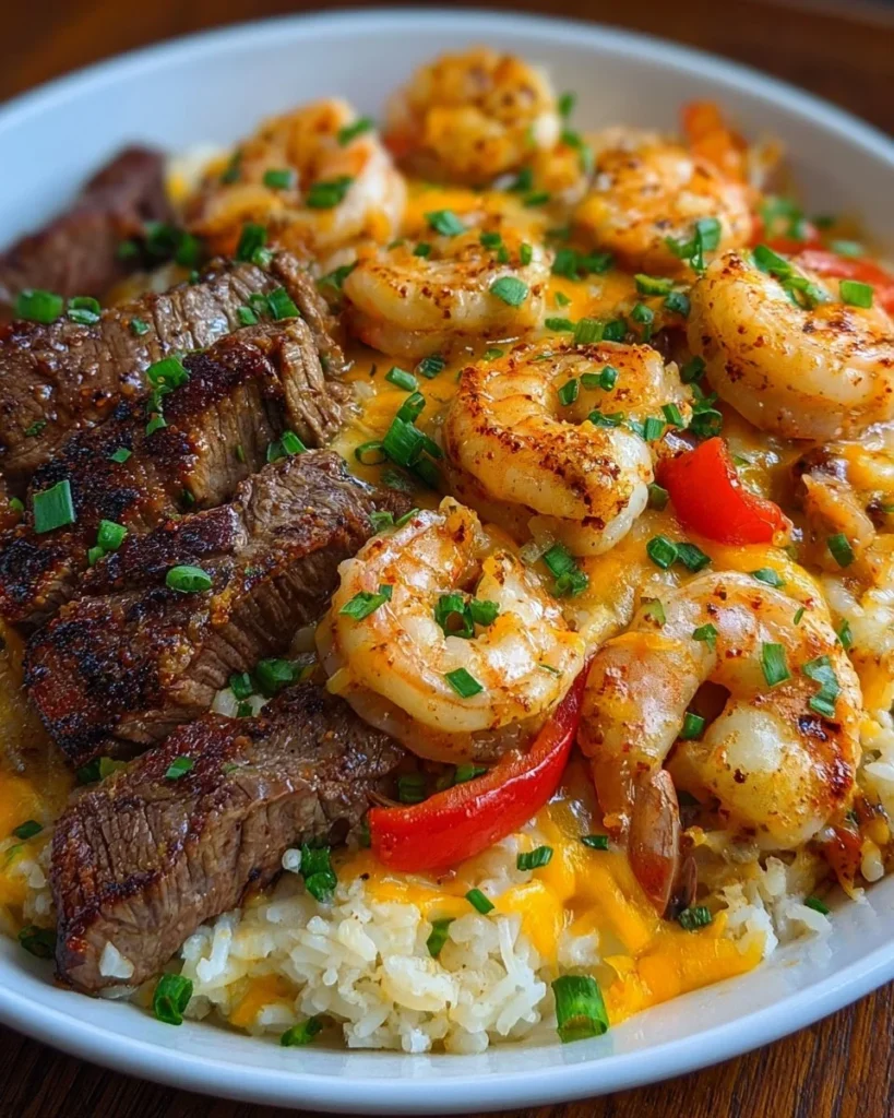 Cheesy Steak & Shrimp Skillet Bowl served in a skillet with veggies
