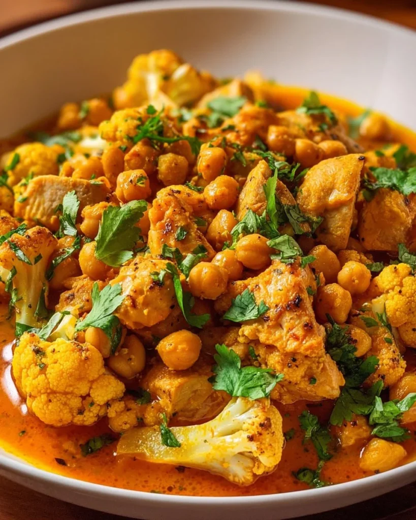 Chicken Cauliflower Chickpea Coconut Curry in a bowl, garnished with herbs.