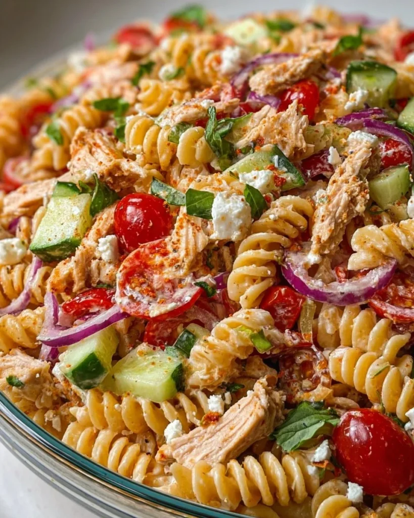 Colorful Chicken Pasta Salad with vegetables and dressing in a bowl