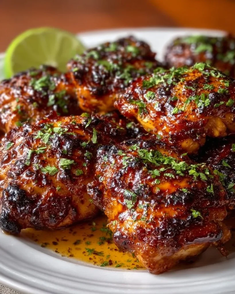 Chipotle honey glazed chicken thighs served with a side of vegetables