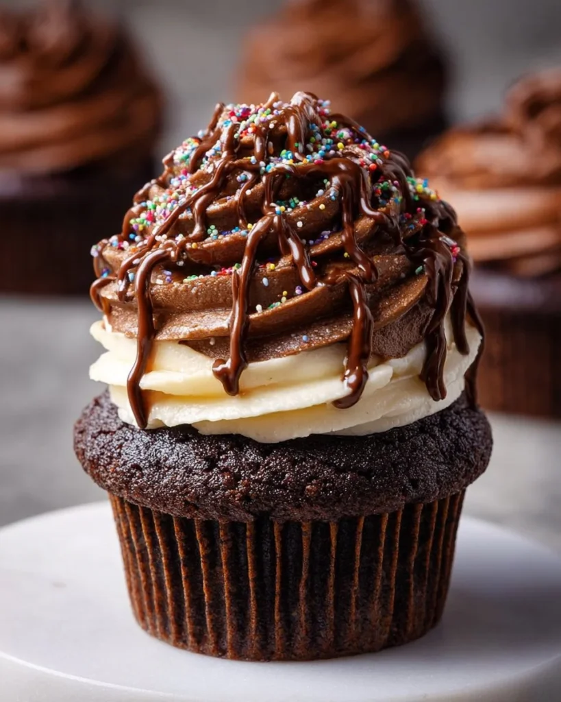 Delicious chocolate cupcake topped with creamy frosting and sprinkles
