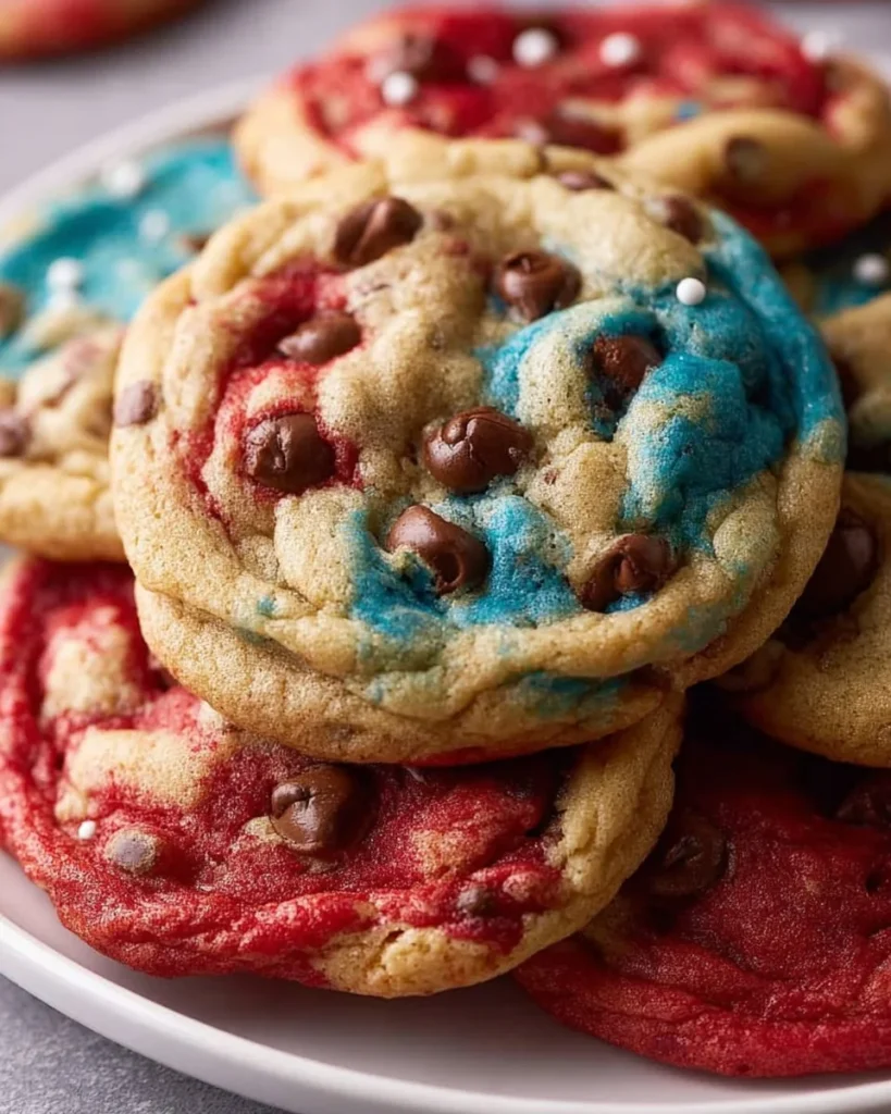 Colorful marble chocolate chip patriotic cookies for festive celebrations.