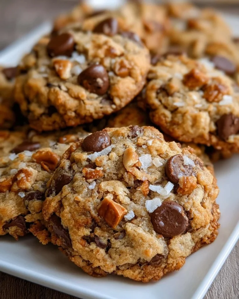 Delicious Cowboy Cookies with chocolate chips and oats on a wooden table