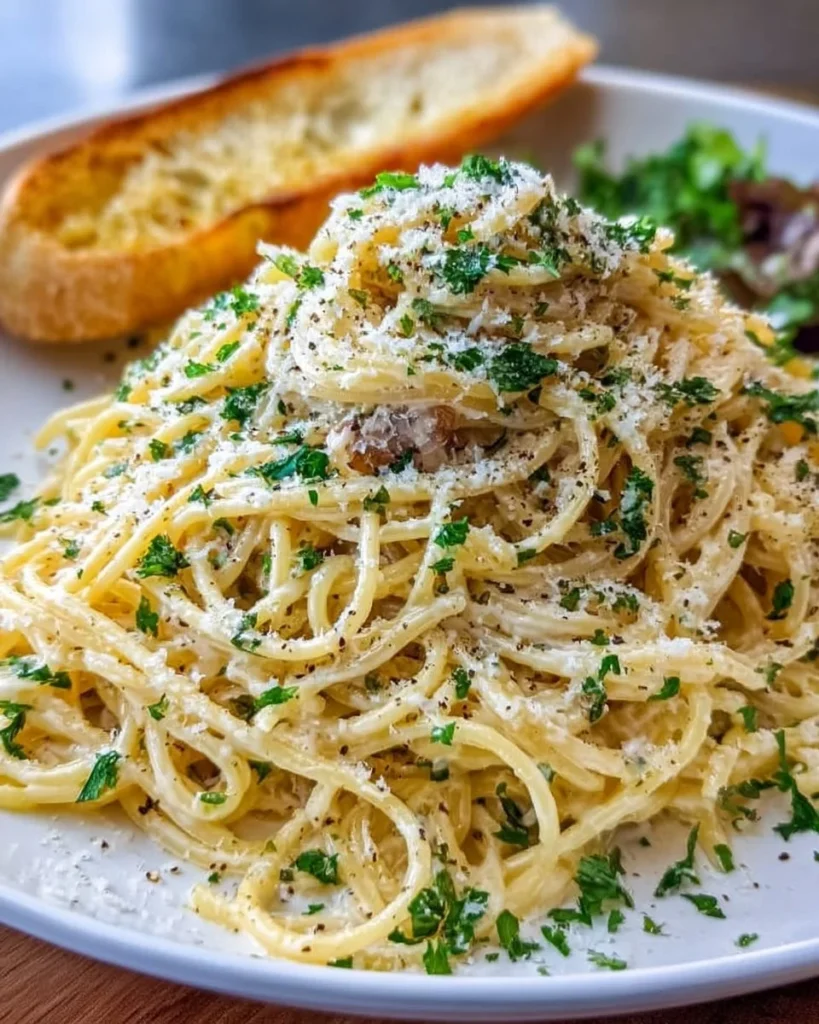 Creamy garlic parmesan spaghetti garnished with parsley and grated cheese