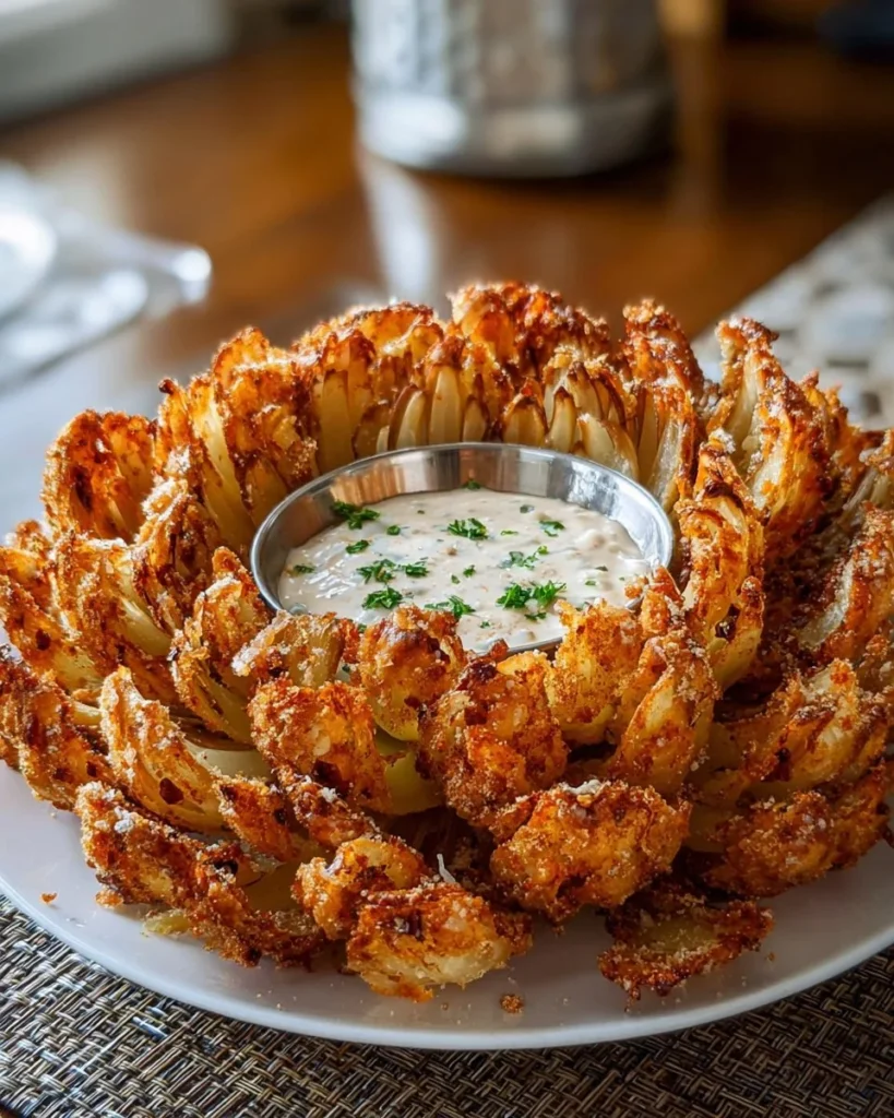 Crispy blooming onion served with dipping sauce